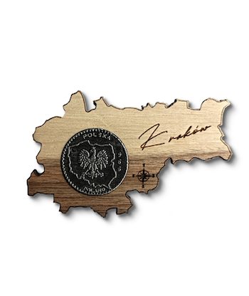Miasto Kraków magnes pamiatkowy drewniany z monetą kontur miasta na lodowkę magnes producent hurtownia