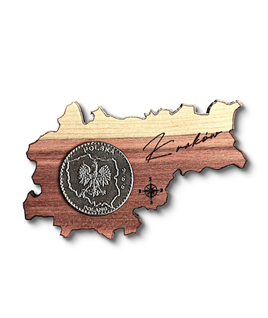 Producent magnesow pamiatkowych ciekawe magnesy Miasto Kraków magnes pamiatkowy drewniany z monetą kontur miasta na lodowkę magnes producent hurtownia